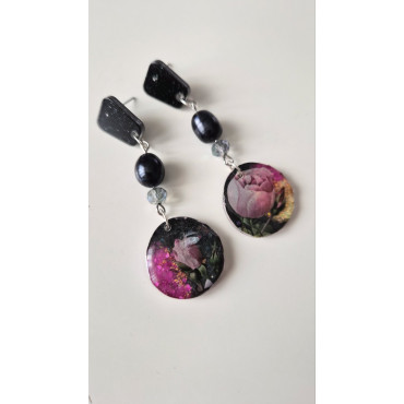 Earrings Black Pearl Flowers
